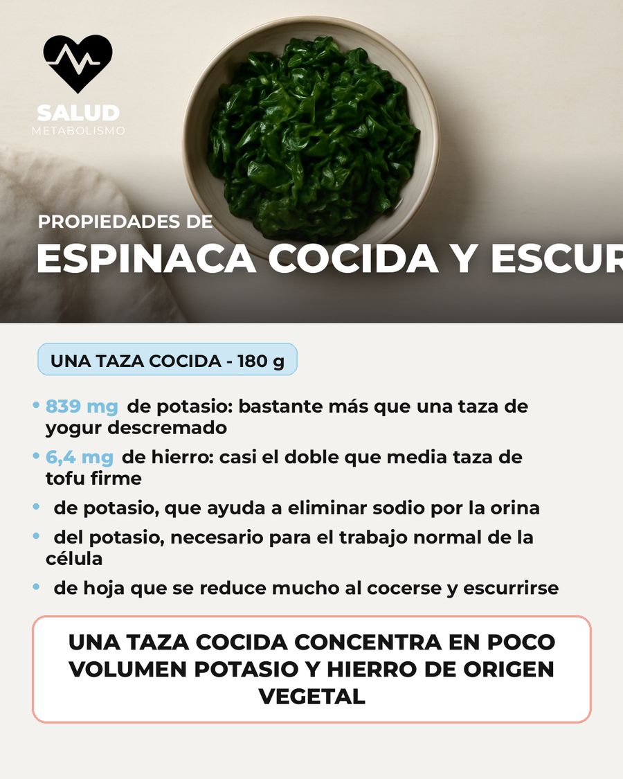 Espinaca cocida y escurrida: qué aporta una porción