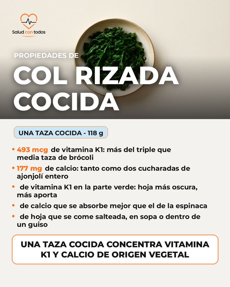 Col rizada cocida: qué aporta una porción